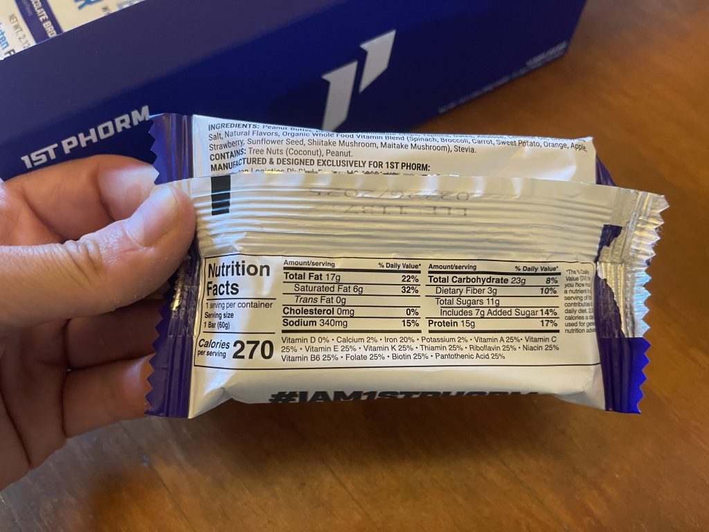 1st Phorm Vegan Power Protein Bar nutrition label