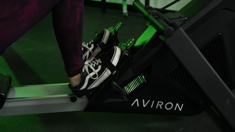 The adjustable foot cradles of the Aviron Strong Rower