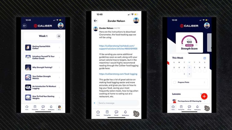 Three screenshots of the online personal training app, Caliber, on a black background.