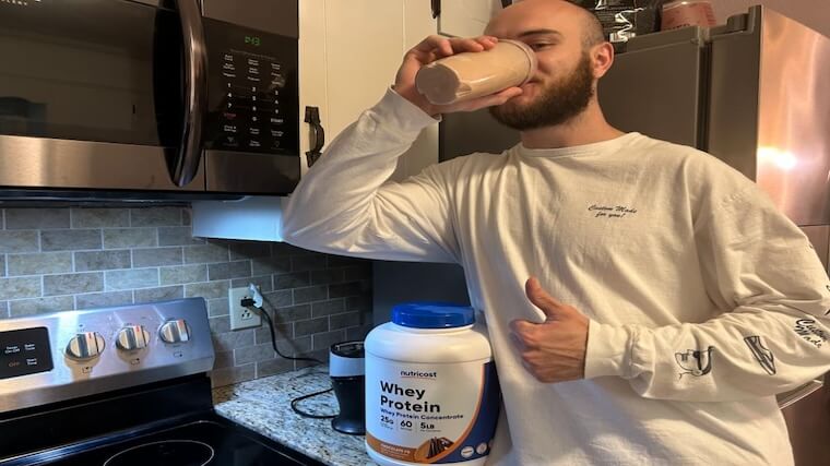 Our tester drinking a blended shake of Nutricost Whey Protein Concentrate