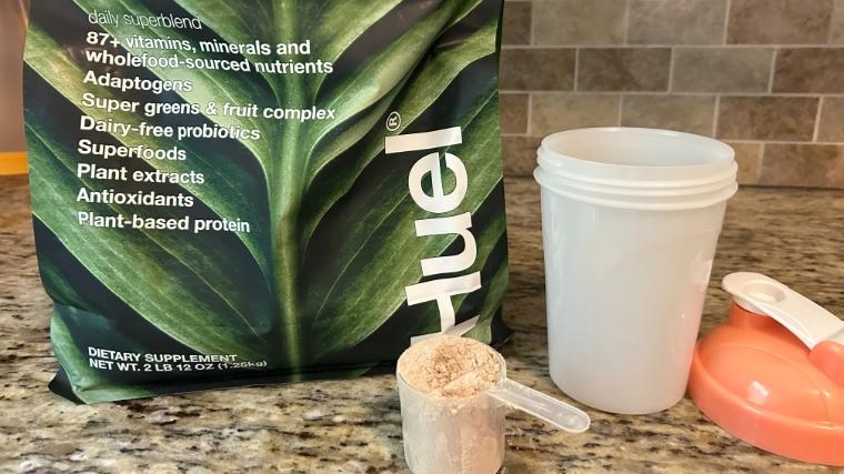 Huel Daily Superblend on our tester's kitchen counter.