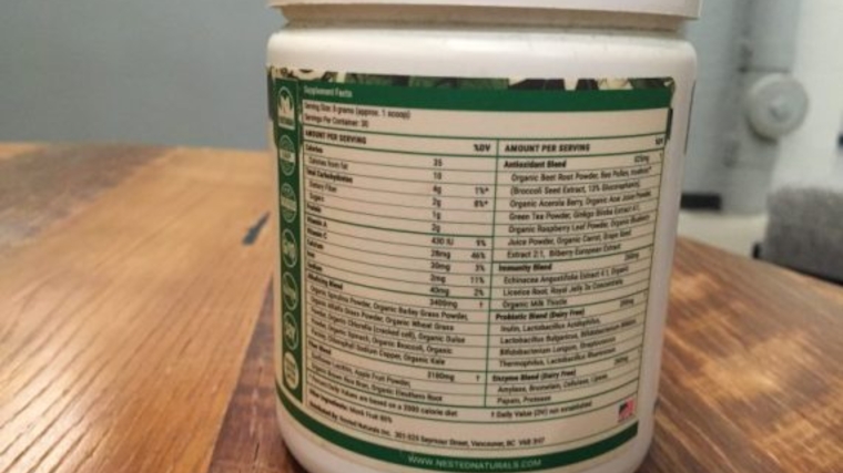 Ingredients on a tub of Nested Naturals Super Greens