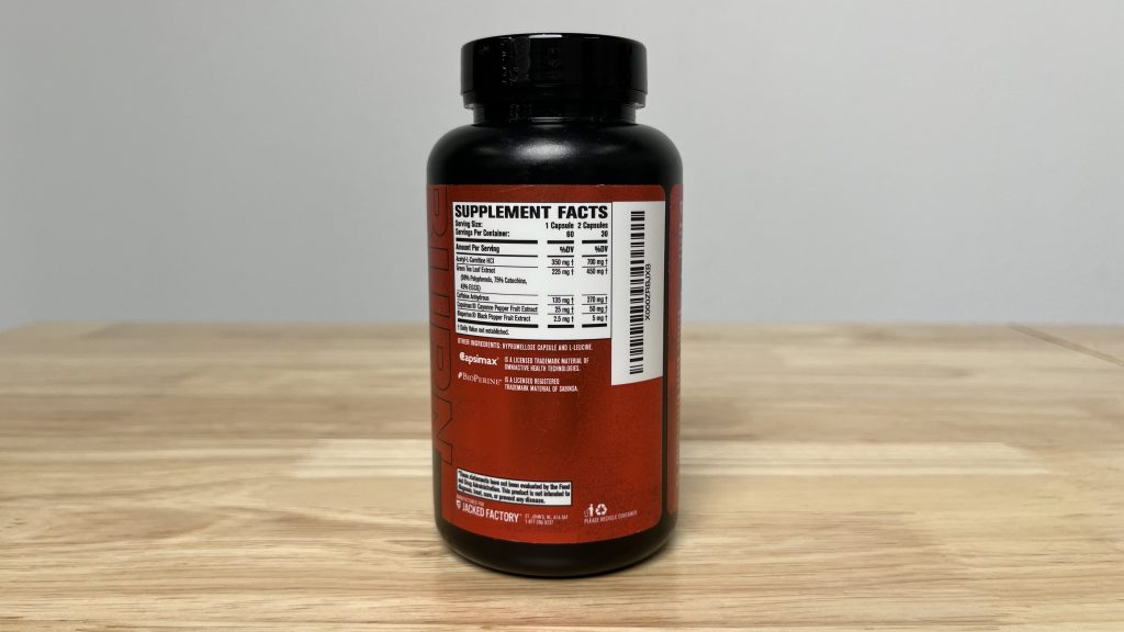 Jacked Factory XT Fat Burner nutrition label