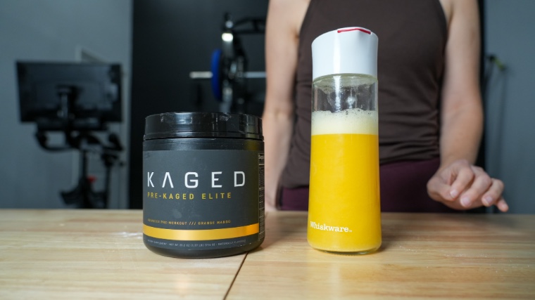 Kaged Pre-Kaged Elite Pre-Workout container and bottle.