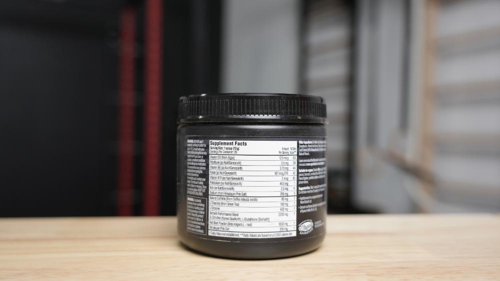 Supplement Facts label on a tub of Pre Lab Pro