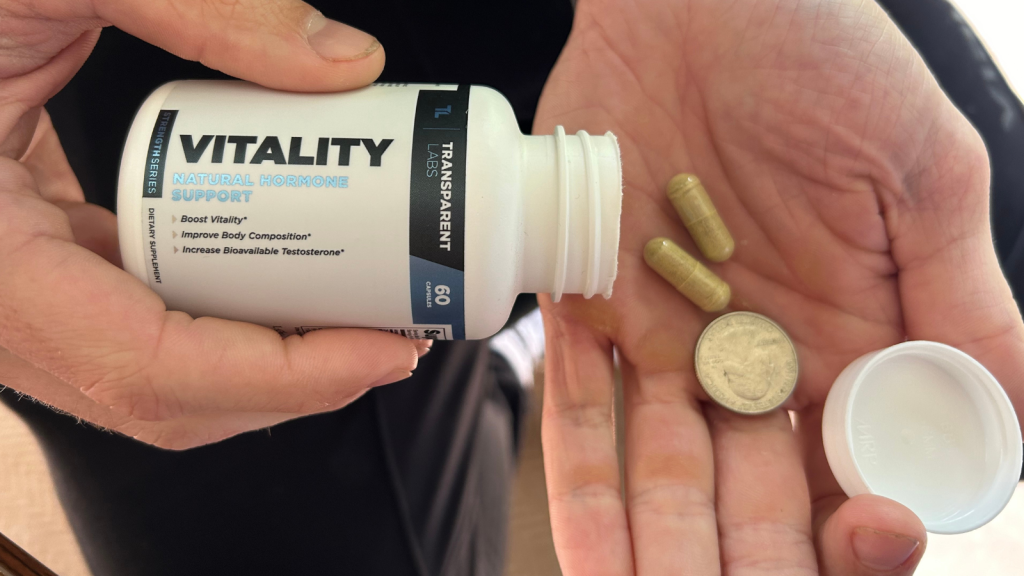 BarBend tester showing the Transparent Labs Vitality pills next to a quarter